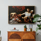Judith Beheading Holofernes, c. 1599 by Caravaggio in a natural wood floater framed canvas featuring Judith cutting off Holofernes' head as maidservant assists beside her, displayed above a wood console cabinet.