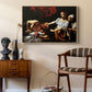 Judith Beheading Holofernes, c. 1599 by Caravaggio as a natural wood floater framed canvas featuring an intense moment of Judith slaying Holofernes with sword, styled above a mid-century console in a contemporary living area.