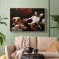 Natural wood floater framed canvas featuring a violent religious narrative with strong contrast of light and shadow, displayed above a sofa in a modern living room.