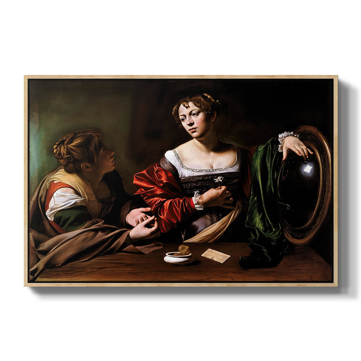 Martha and Mary Magdalene, c. 1598 by Caravaggio in a natural wood floater framed canvas wall art display.
