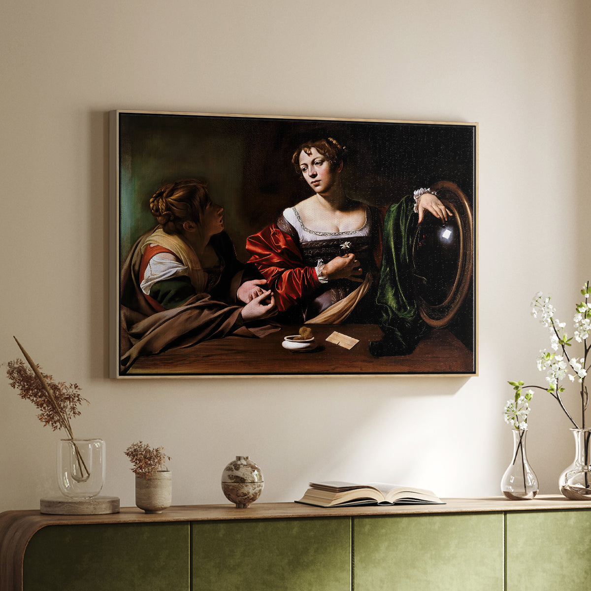 Natural wood floater framed canvas of Martha and Mary Magdalene, c. 1598 by Caravaggio, featuring a biblical scene of Martha speaking to Mary Magdalene indoors above a sideboard in a softly lit hallway.