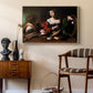 Martha and Mary Magdalene, c. 1598 by Caravaggio as a natural wood floater framed canvas featuring an intimate interaction between two women with mirror and objects, styled above a mid-century console in a contemporary living area.