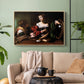 Natural wood floater framed canvas featuring a religious interior scene with figures engaged in thoughtful dialogue, displayed above a sofa in a modern living room.