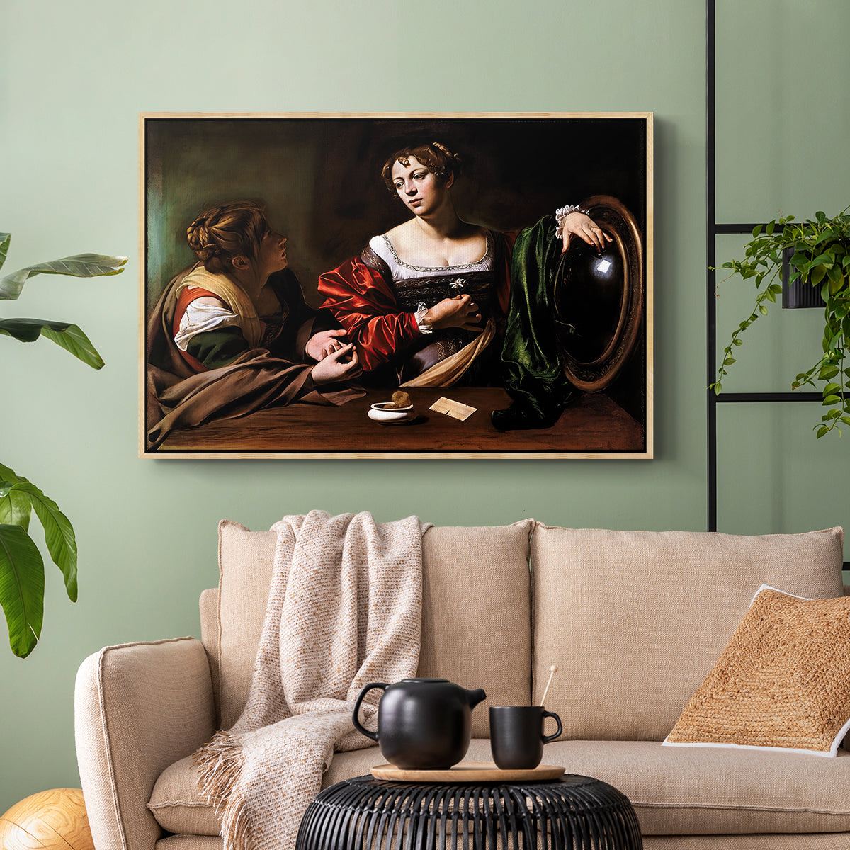 Natural wood floater framed canvas featuring a religious interior scene with figures engaged in thoughtful dialogue, displayed above a sofa in a modern living room.