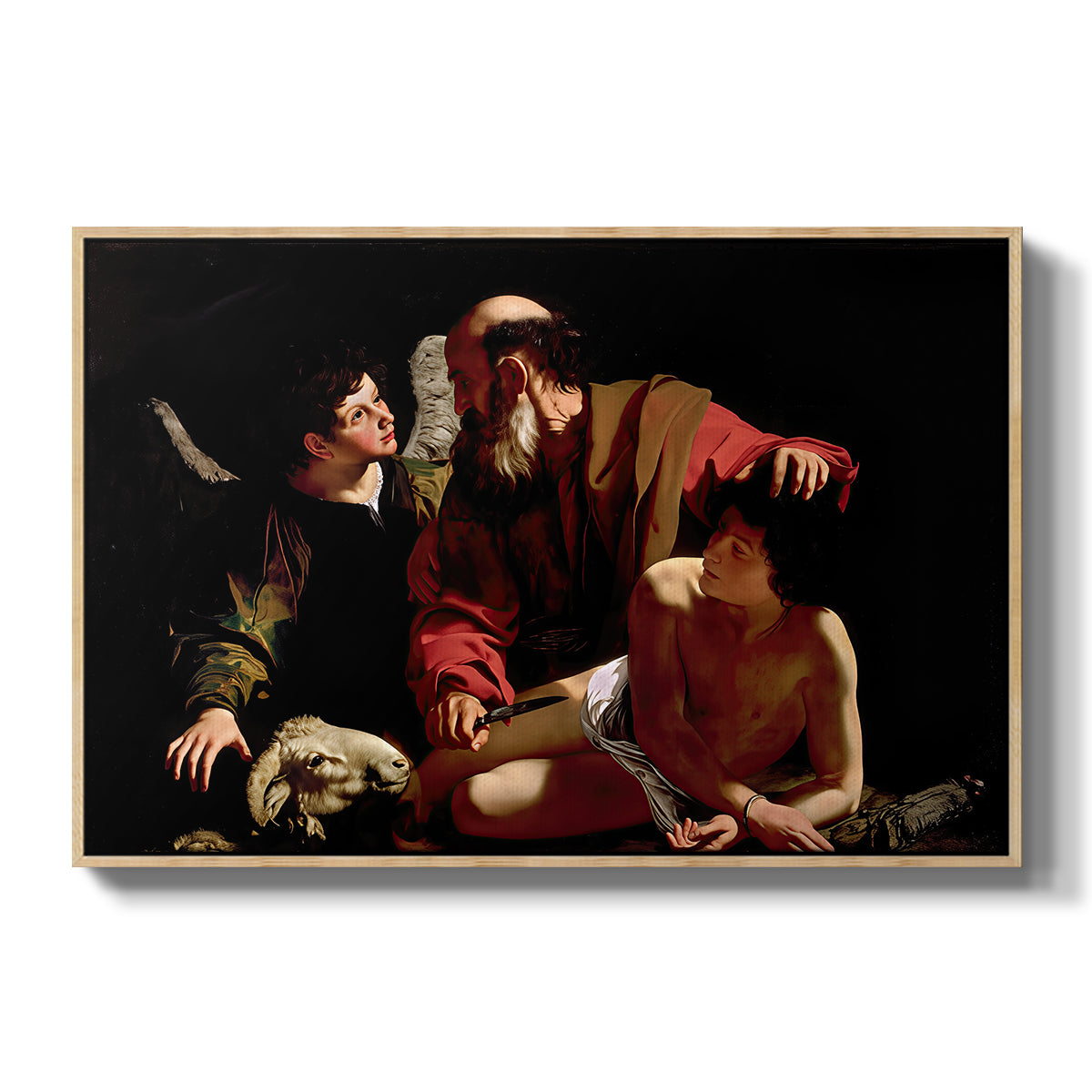 The Sacrifice of Isaac (Uffizi Version), c. 1603 by Caravaggio in a natural wood floater framed canvas wall art display.