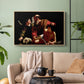 Natural wood floater framed canvas featuring an intense religious narrative with figures in close physical struggle, displayed above a sofa in a modern living room.
