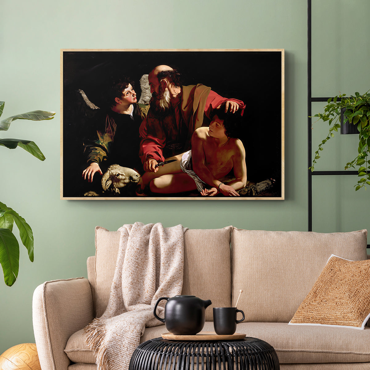 Natural wood floater framed canvas featuring an intense religious narrative with figures in close physical struggle, displayed above a sofa in a modern living room.