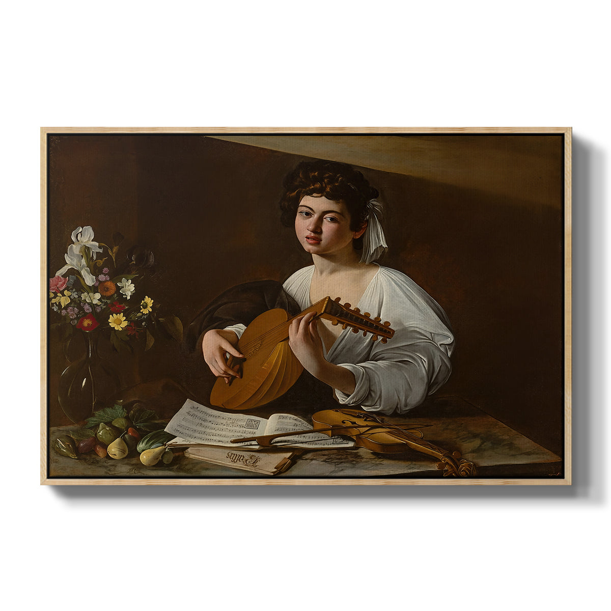 The Lute Player (Hermitage Version), c. 1596 by Caravaggio in a natural wood floater framed canvas wall art display.