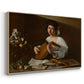 Angled view of The Lute Player (Hermitage Version), c. 1596 by Caravaggio in a natural wood floater framed canvas.