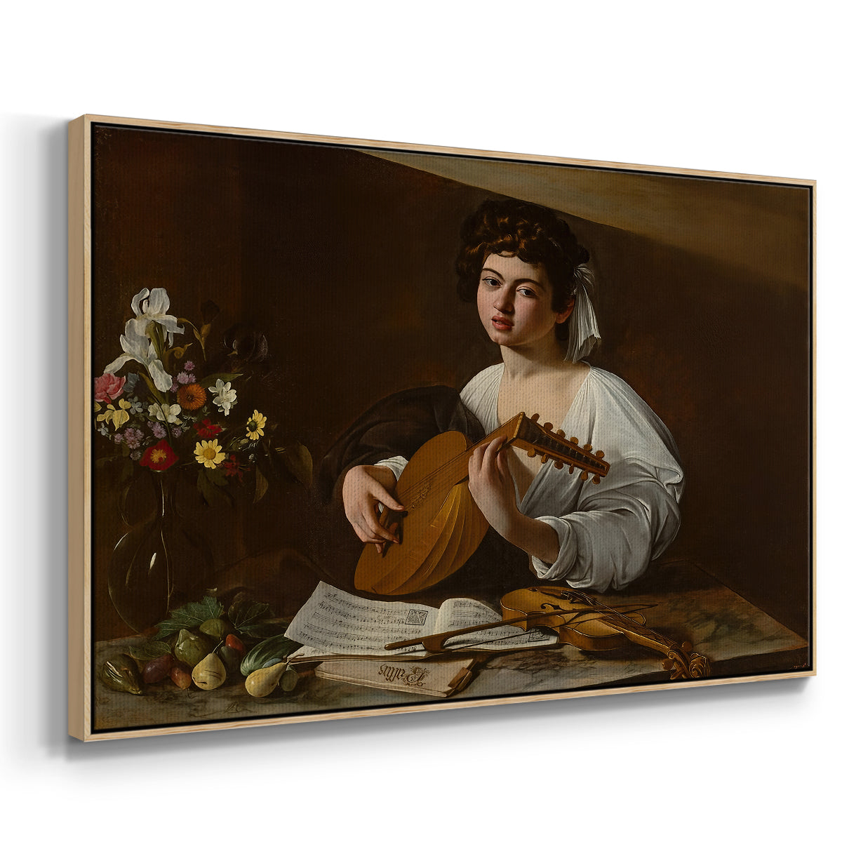 Angled view of The Lute Player (Hermitage Version), c. 1596 by Caravaggio in a natural wood floater framed canvas.