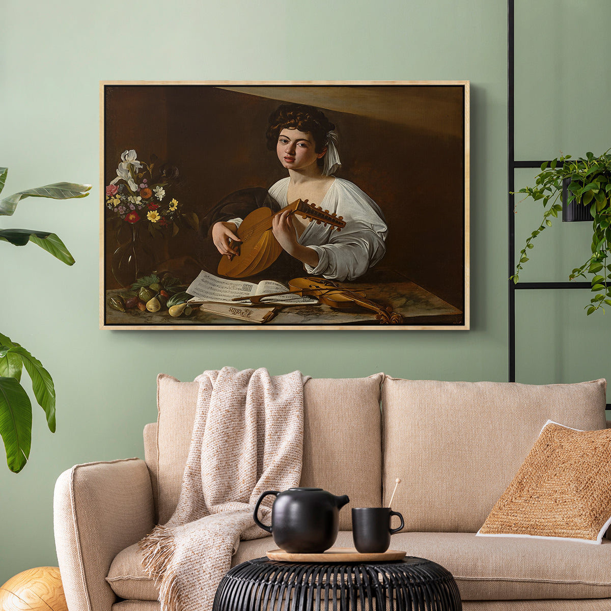 Natural wood floater framed canvas featuring a Baroque depiction of musician with detailed textures and lighting, displayed above a sofa in a modern living room.
