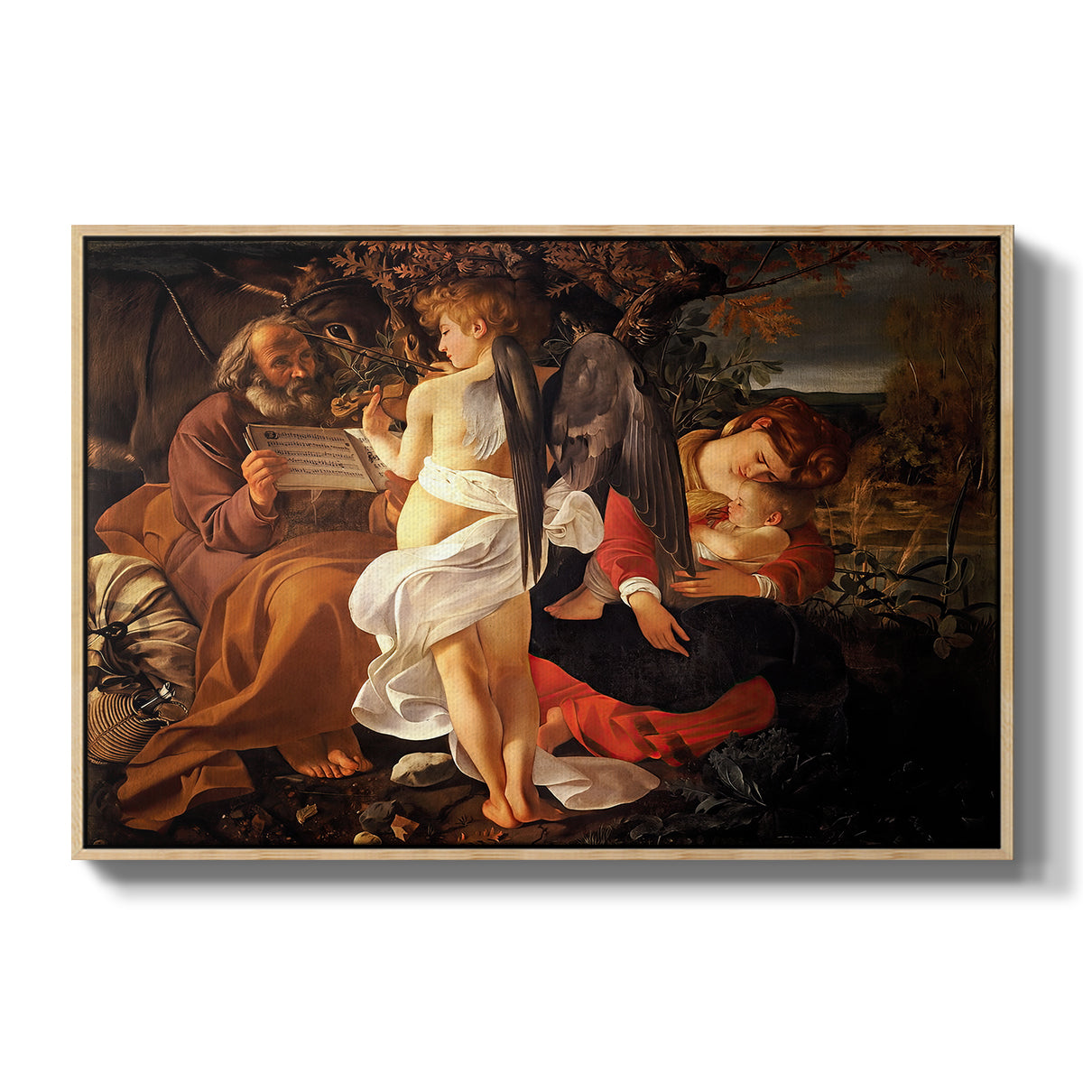 Rest on the Flight into Egypt, c. 1597 by Caravaggio in a natural wood floater framed canvas wall art display.