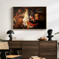 Rest on the Flight into Egypt, c. 1597 by Caravaggio displayed in a natural wood floater framed canvas above a dark wood credenza in an entryway.