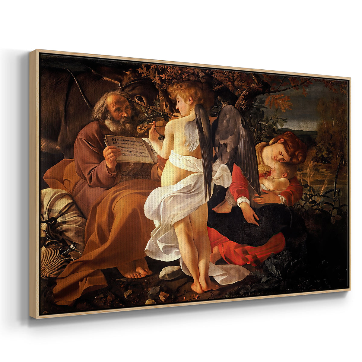Angled view of Rest on the Flight into Egypt, c. 1597 by Caravaggio in a natural wood floater framed canvas.
