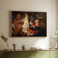 Natural wood floater framed canvas of Rest on the Flight into Egypt, c. 1597 by Caravaggio, featuring a biblical scene of Mary, Joseph, and infant resting with angel musician above a sideboard in a softly lit hallway.