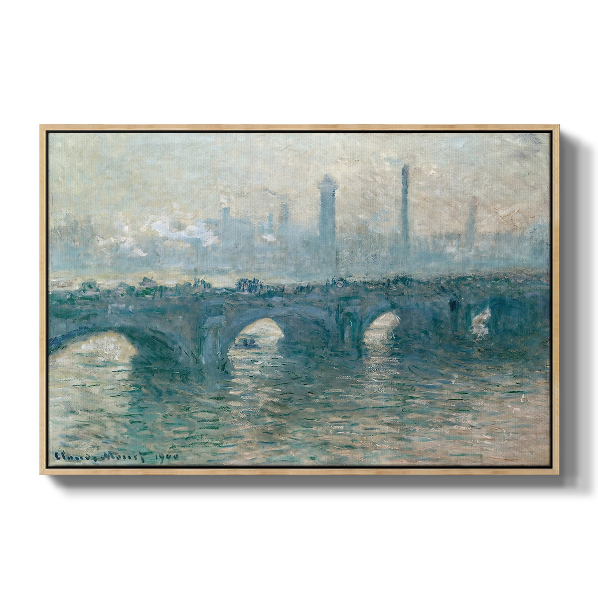 Waterloo Bridge, Gray Weather, 1900 by Claude Monet in a natural wood floater framed canvas wall art display.