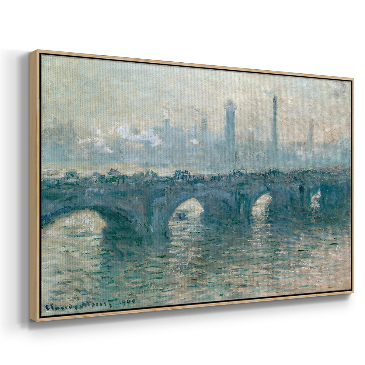 Angled view of Waterloo Bridge, Gray Weather, 1900 by Claude Monet in a natural wood floater framed canvas.