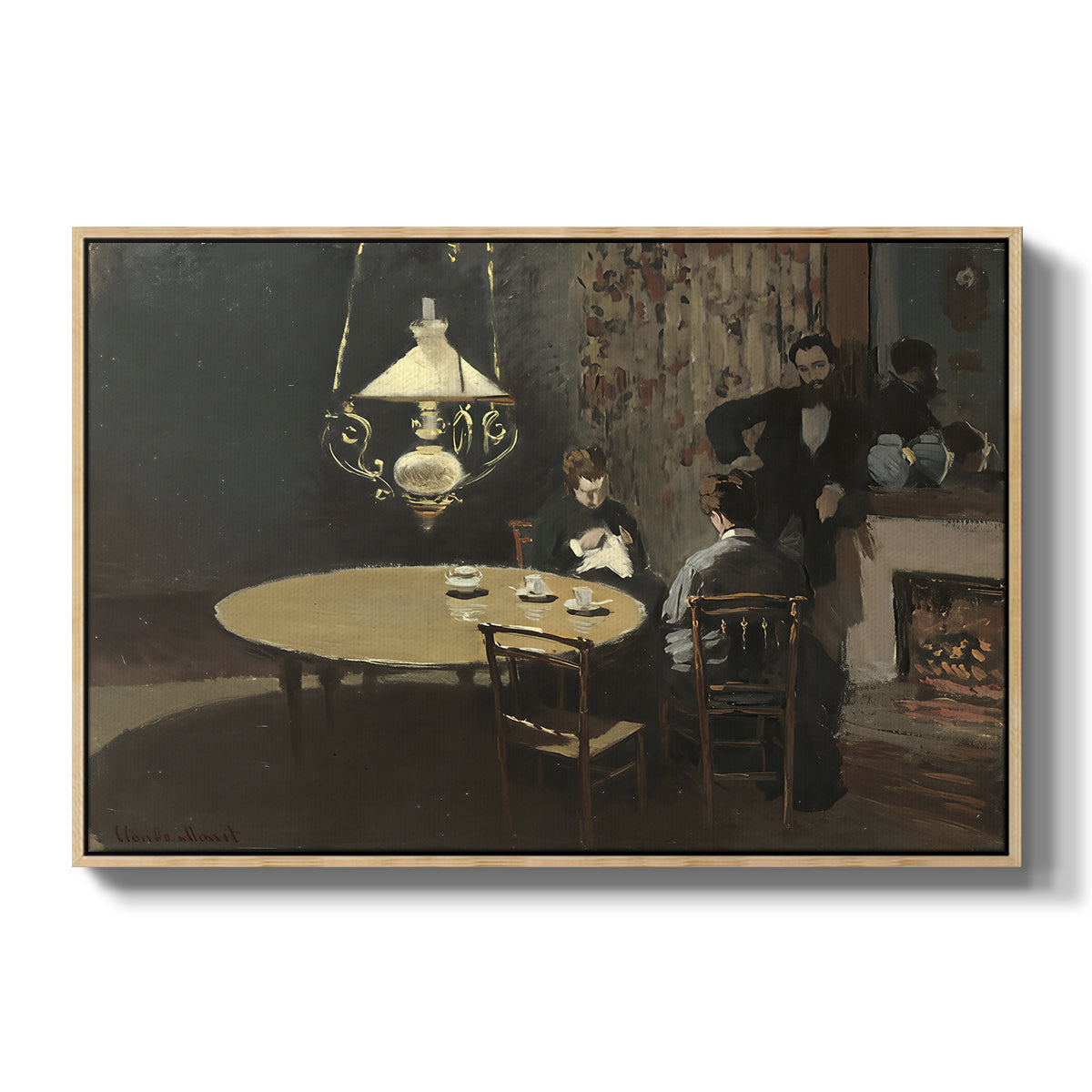 Interior, after Dinner, 1868-1869 by Claude Monet in a natural wood floater framed canvas wall art display.