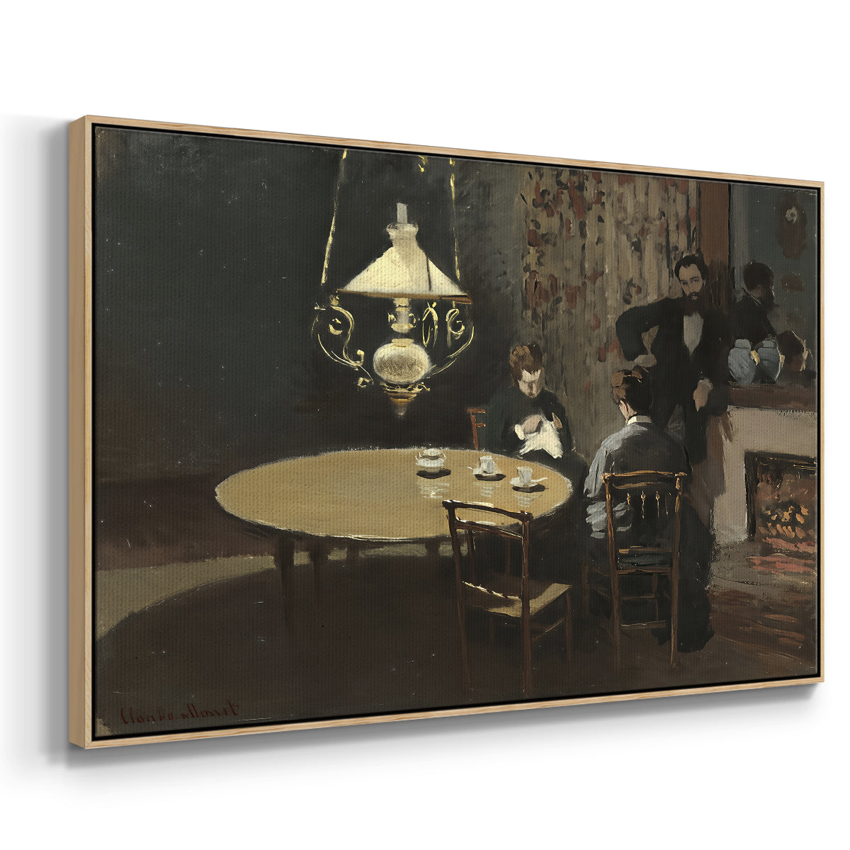 Angled view of Interior, after Dinner, 1868-1869 by Claude Monet in a natural wood floater framed canvas.
