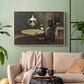 Natural wood floater framed canvas featuring an intimate indoor scene with figure and table in low lighting, displayed above a sofa in a modern living room.