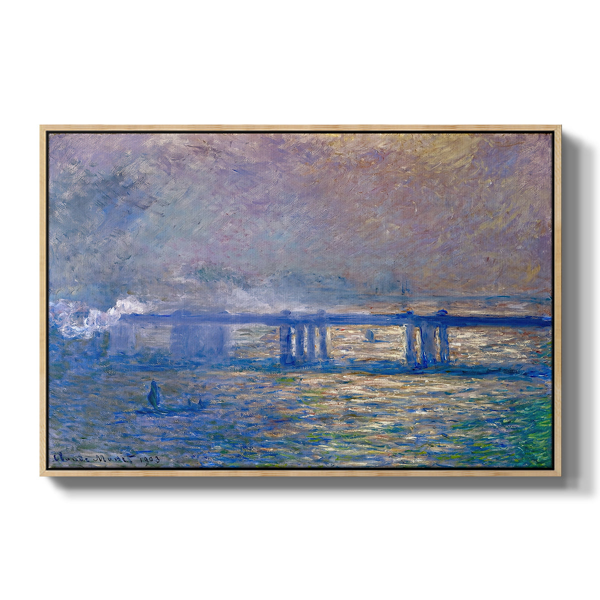 Charing Cross Bridge, 1903 by Claude Monet in a natural wood floater framed canvas wall art display.