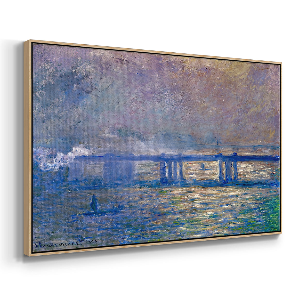 Angled view of Charing Cross Bridge, 1903 by Claude Monet in a natural wood floater framed canvas.