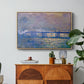 Charing Cross Bridge, 1903 by Claude Monet in a natural wood floater framed canvas featuring an impressionist view of bridge stretching across river with soft light and haze, displayed above a wood console cabinet.
