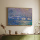Natural wood floater framed canvas of Charing Cross Bridge, 1903 by Claude Monet, featuring an urban landscape with bridge and water rendered in blurred tones above a sideboard in a softly lit hallway.