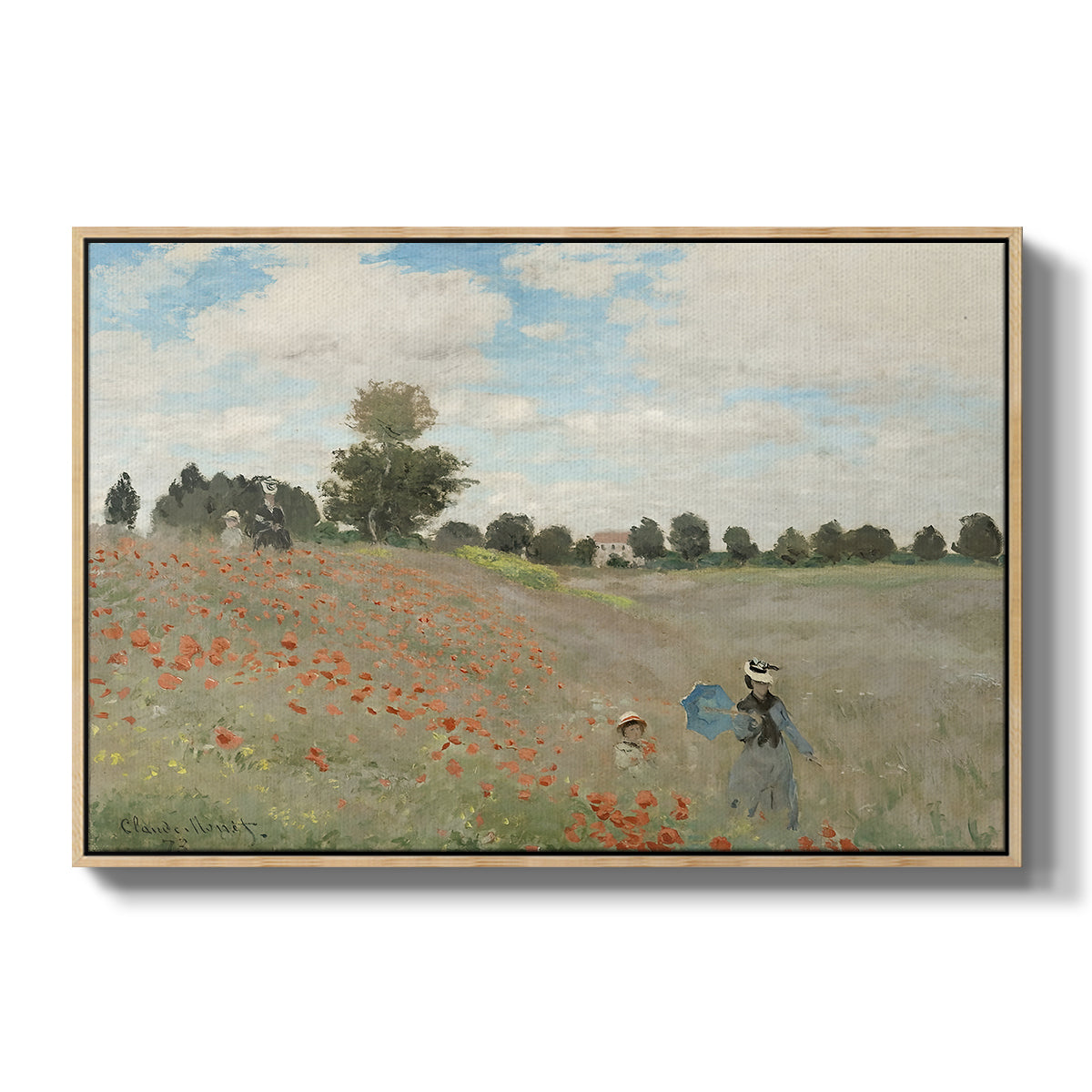 The Poppy Field near Argenteuil, 1873 by Claude Monet in a natural wood floater framed canvas wall art display.