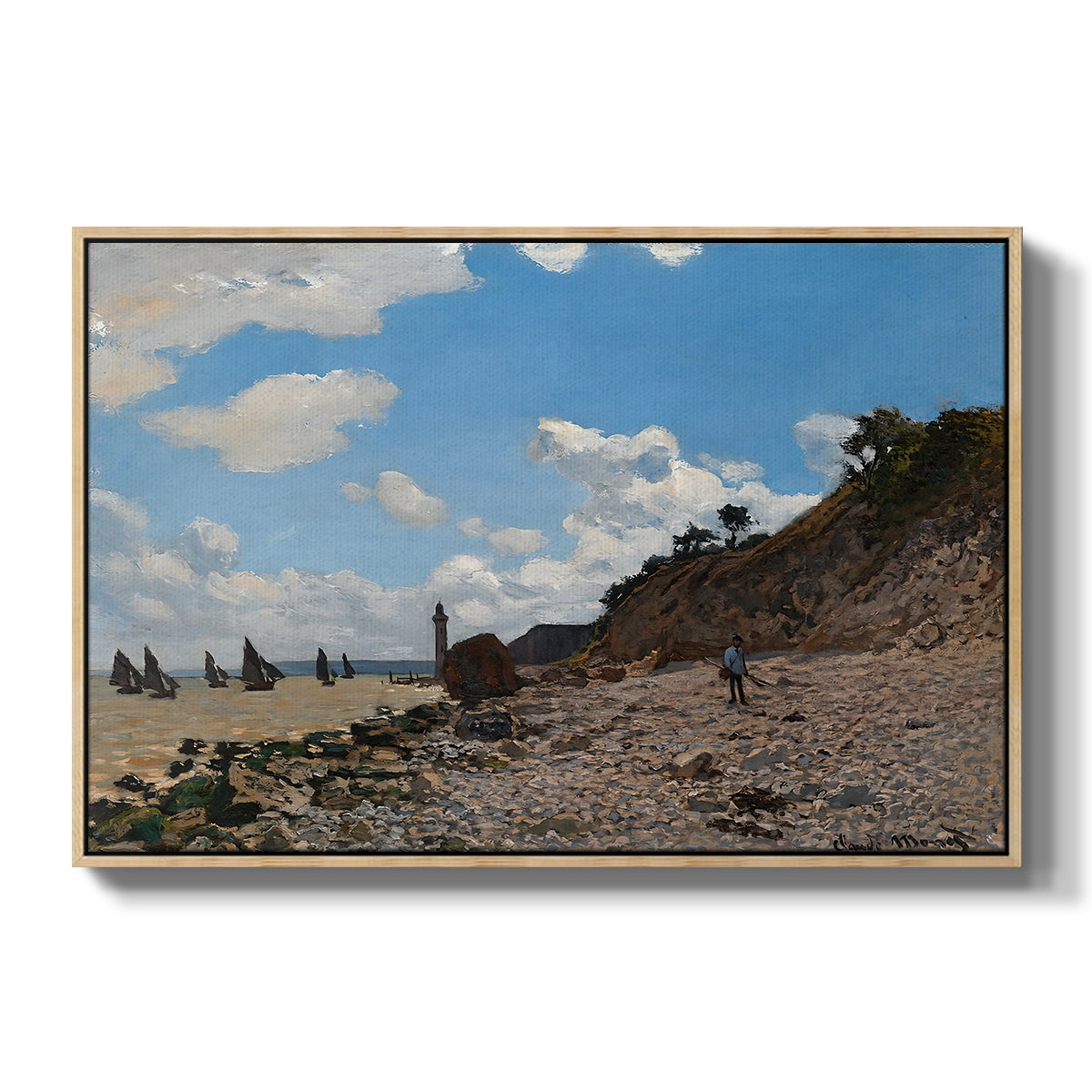 The Beach at Honfleur, 1864 by Claude Monet in a natural wood floater framed canvas wall art display.