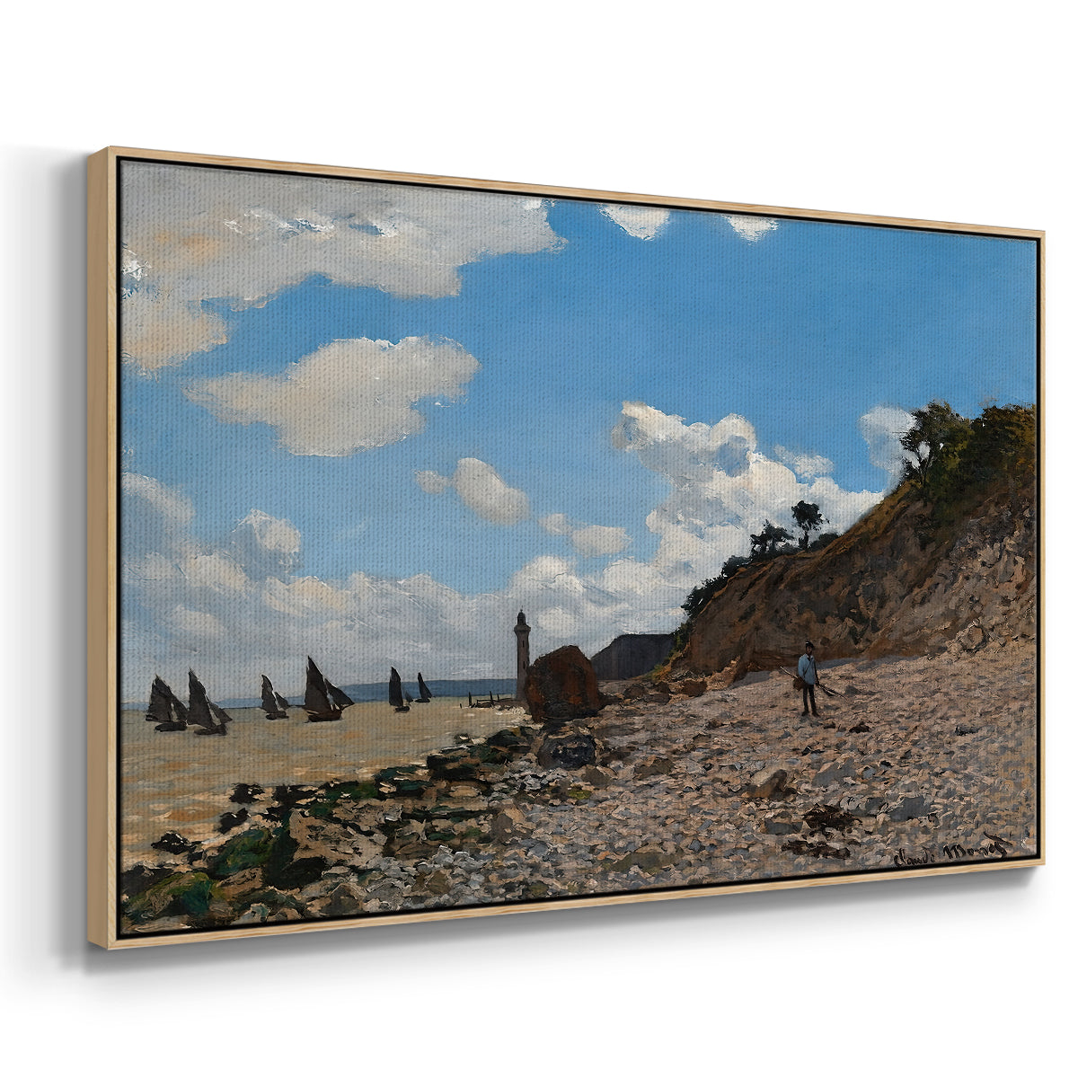 Angled view of The Beach at Honfleur, 1864 by Claude Monet in a natural wood floater framed canvas.