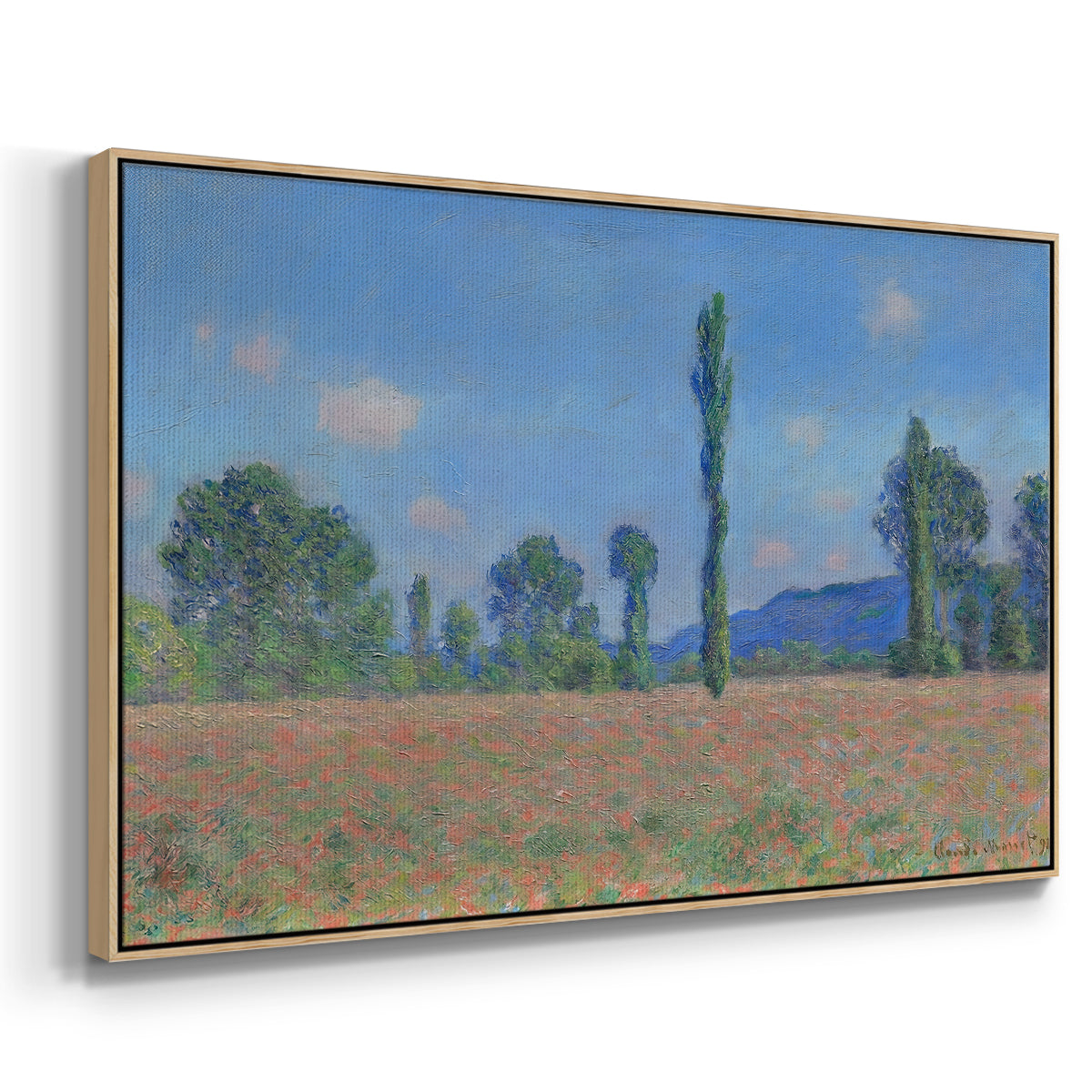 Angled view of Poppy Field (Giverny), 1890-1891 by Claude Monet in a natural wood floater framed canvas.