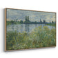 Angled view of Banks of the Seine, Vétheuil, 1880 by Claude Monet in a natural wood floater framed canvas.