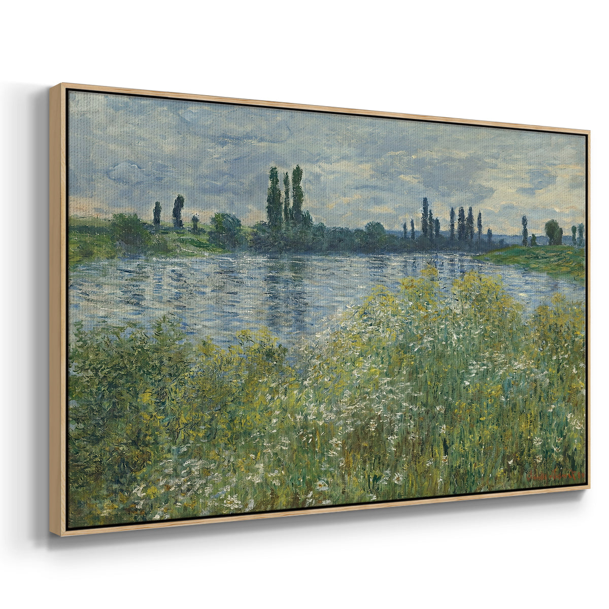 Angled view of Banks of the Seine, Vétheuil, 1880 by Claude Monet in a natural wood floater framed canvas.