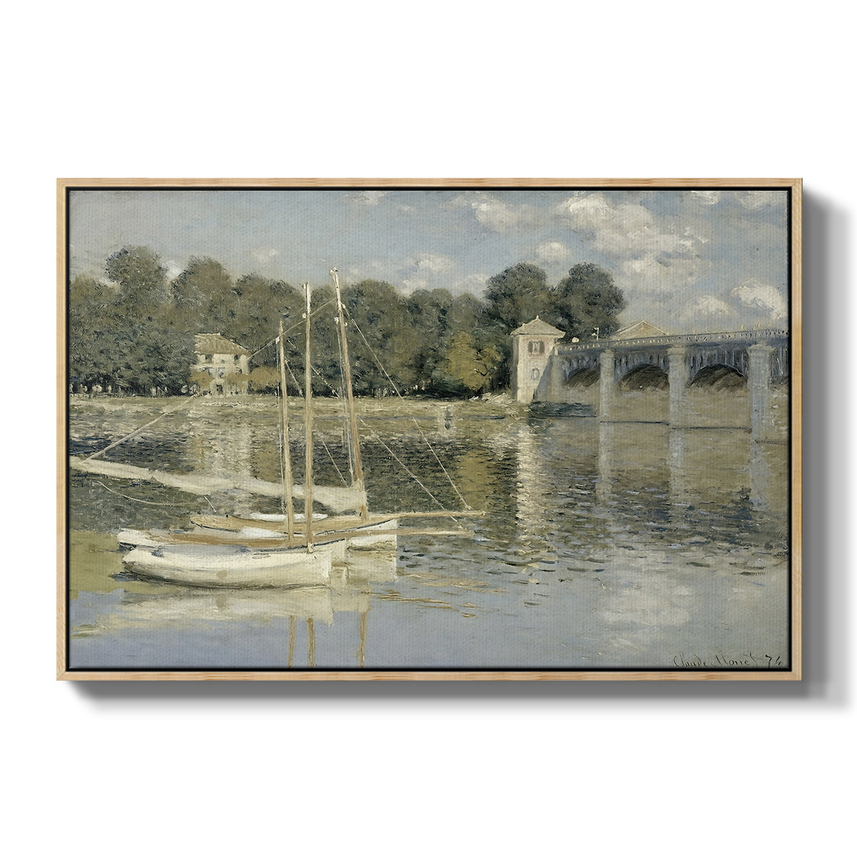 The Bridge at Argenteuil, 1874 by Claude Monet in a natural wood floater framed canvas wall art display.