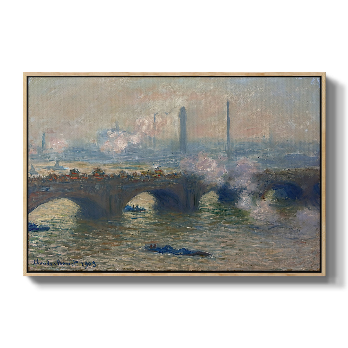 Waterloo Bridge, Gray Day, 1903 by Claude Monet in a natural wood floater framed canvas wall art display.