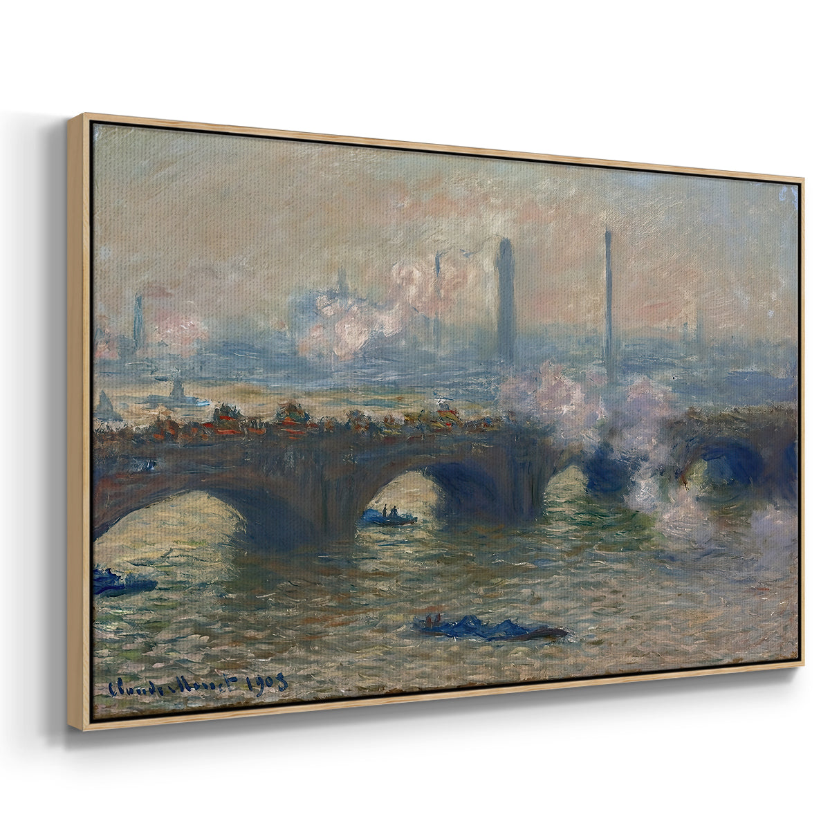 Angled view of Waterloo Bridge, Gray Day, 1903 by Claude Monet in a natural wood floater framed canvas.