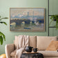Natural wood floater framed canvas featuring a foggy London bridge view with softened architectural forms, displayed above a sofa in a modern living room.