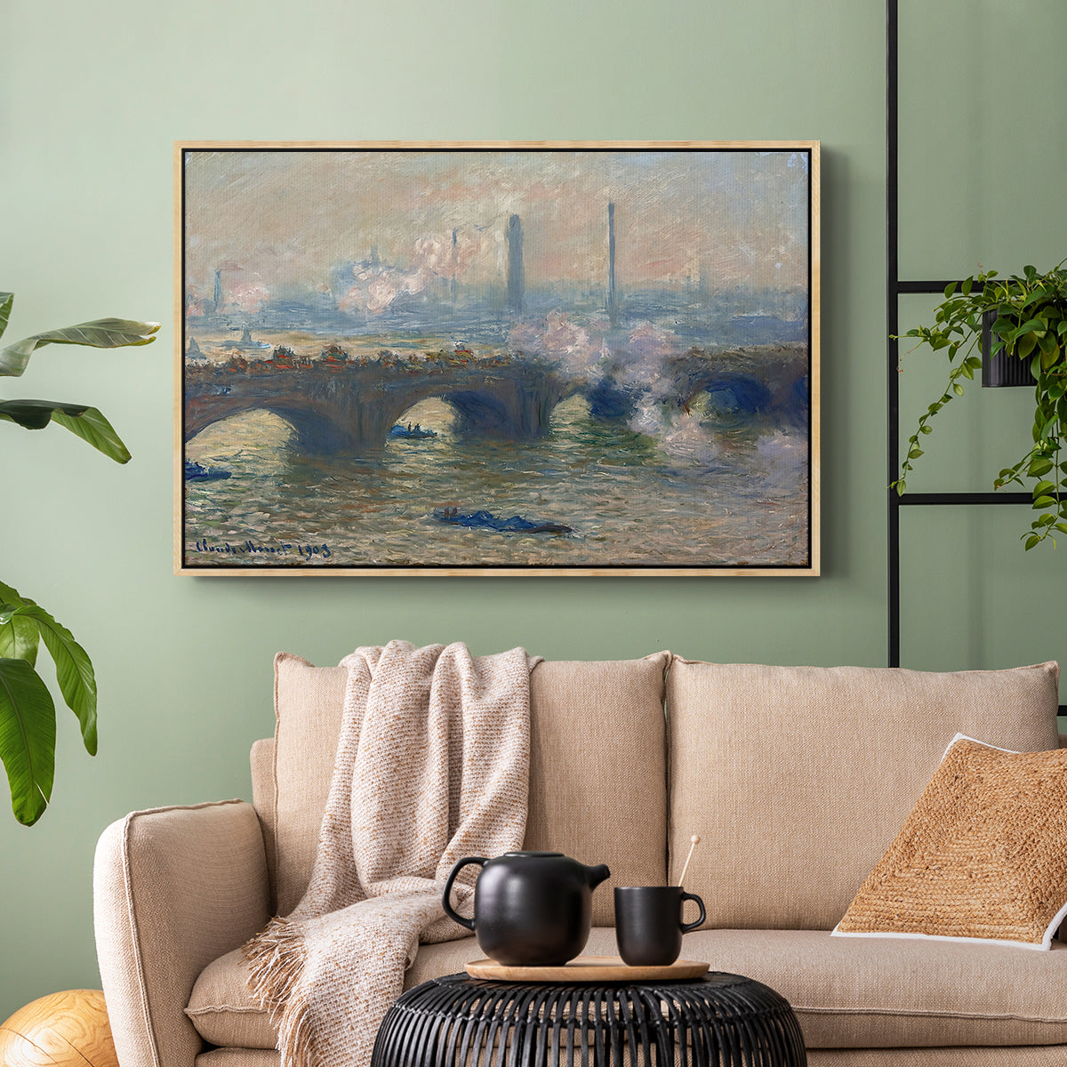 Natural wood floater framed canvas featuring a foggy London bridge view with softened architectural forms, displayed above a sofa in a modern living room.