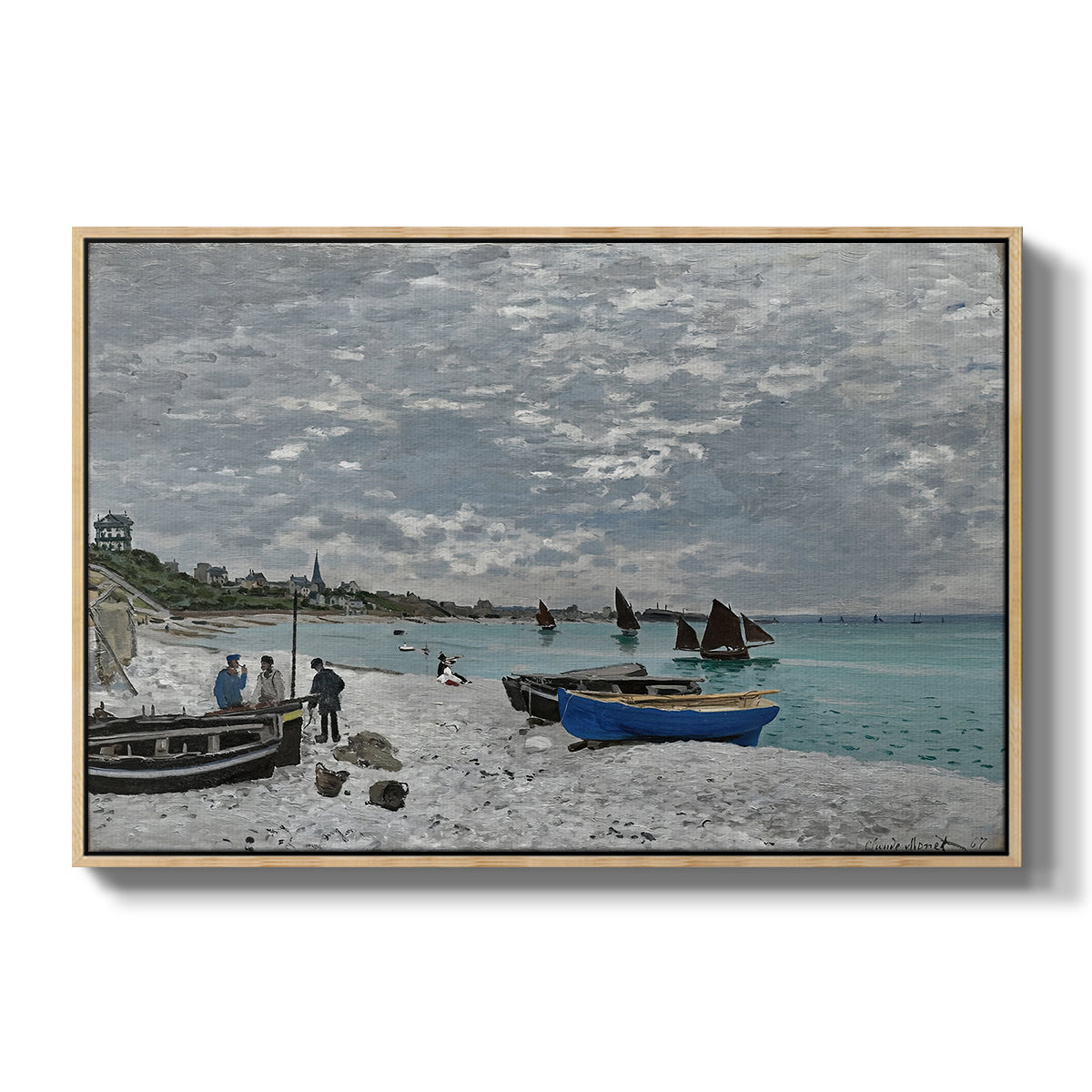 The Beach at Sainte-Adresse, 1867 by Claude Monet in a natural wood floater framed canvas wall art display.
