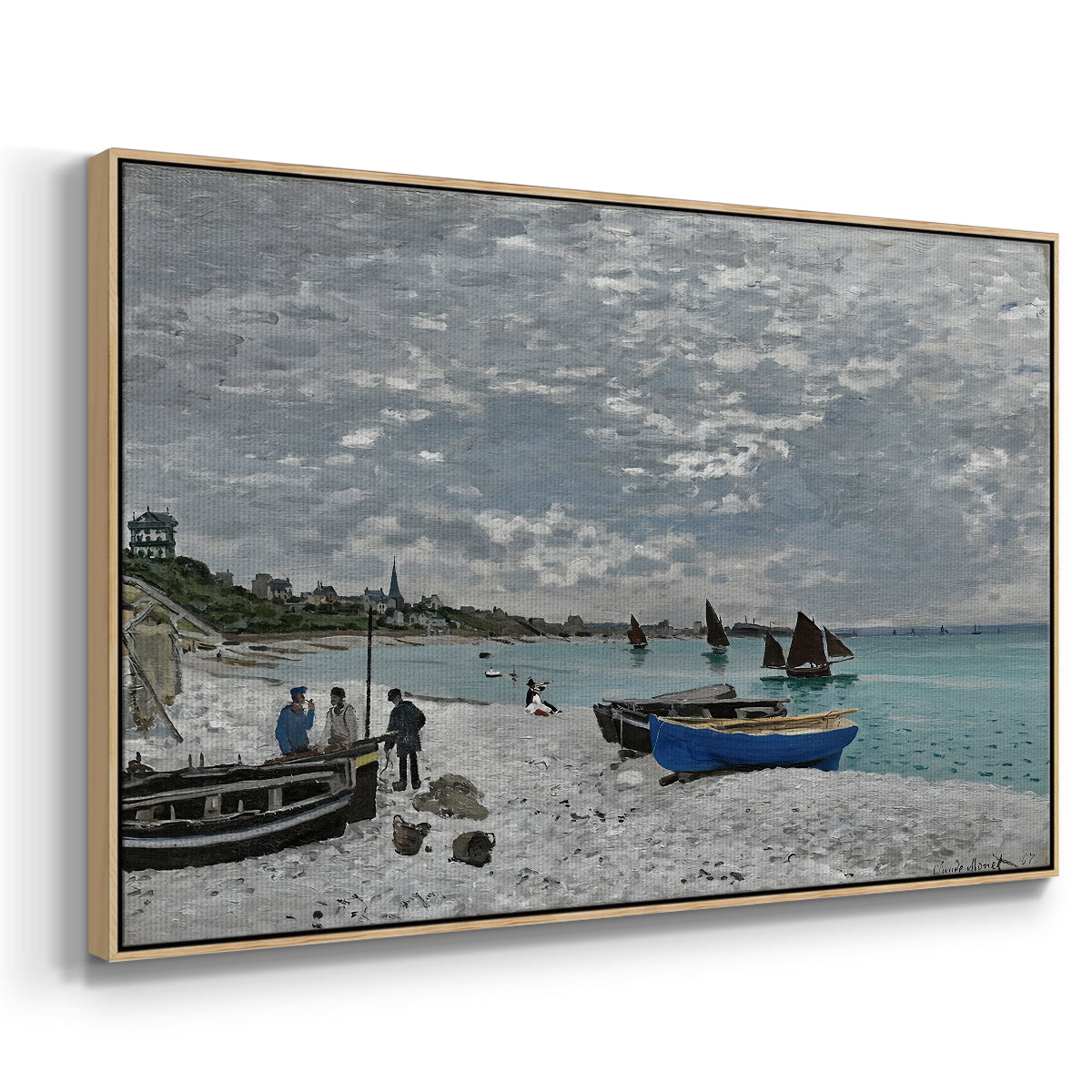 Angled view of The Beach at Sainte-Adresse, 1867 by Claude Monet in a natural wood floater framed canvas.