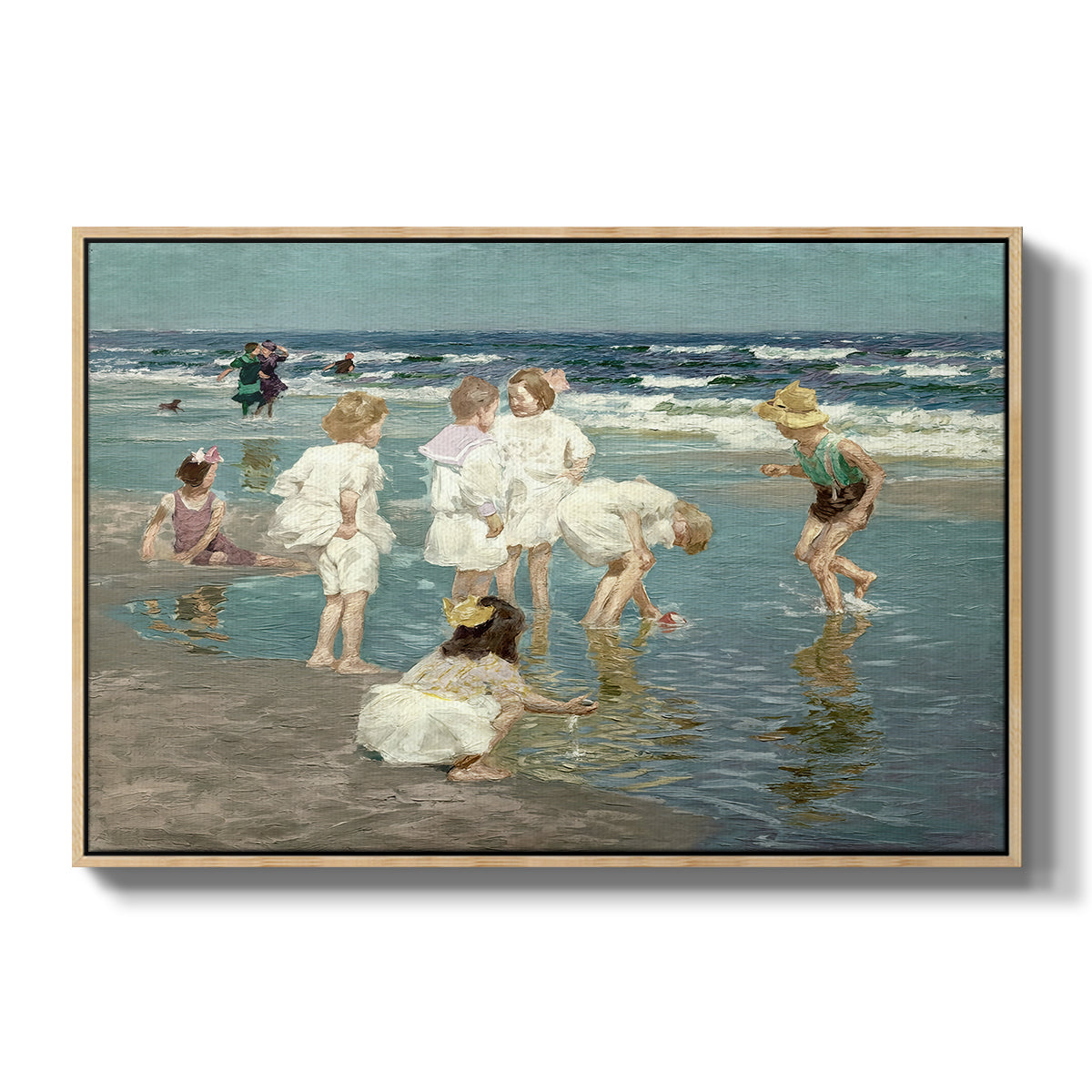 A Holiday, c. 1915 by Edward Henry Potthast in a natural wood floater framed canvas wall art display.