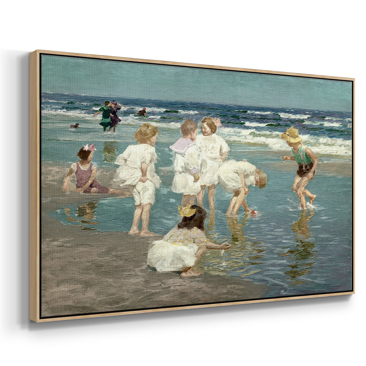 Angled view of A Holiday, c. 1915 by Edward Henry Potthast in a natural wood floater framed canvas.