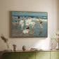 Natural wood floater framed canvas of A Holiday, c. 1915 by Edward Henry Potthast, featuring a beach scene with figures bathing and standing in waves under bright sky above a sideboard in a softly lit hallway.