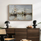 Ships Riding on the Seine at Rouen, 1872 by Claude Monet displayed in a natural wood floater framed canvas above a dark wood credenza in an entryway.