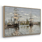 Angled view of Ships Riding on the Seine at Rouen, 1872 by Claude Monet in a natural wood floater framed canvas.