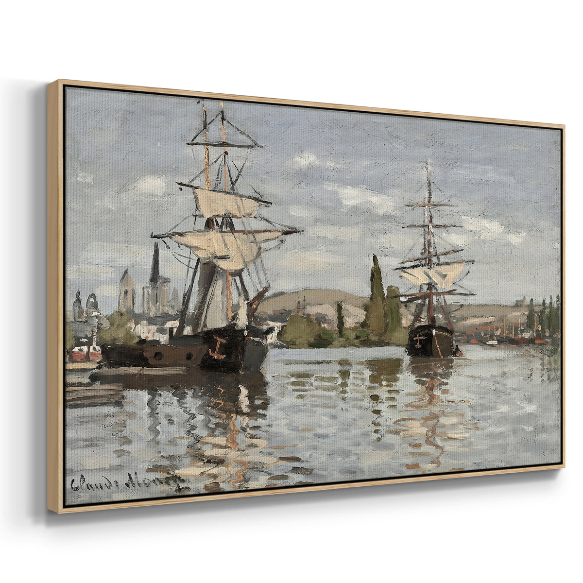 Angled view of Ships Riding on the Seine at Rouen, 1872 by Claude Monet in a natural wood floater framed canvas.