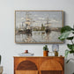 Ships Riding on the Seine at Rouen, 1872 by Claude Monet in a natural wood floater framed canvas featuring large ships docked along the Seine with masts rising against soft sky, displayed above a wood console cabinet.