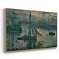 Angled view of Sunrise (Marine), 1873 by Claude Monet in a natural wood floater framed canvas.