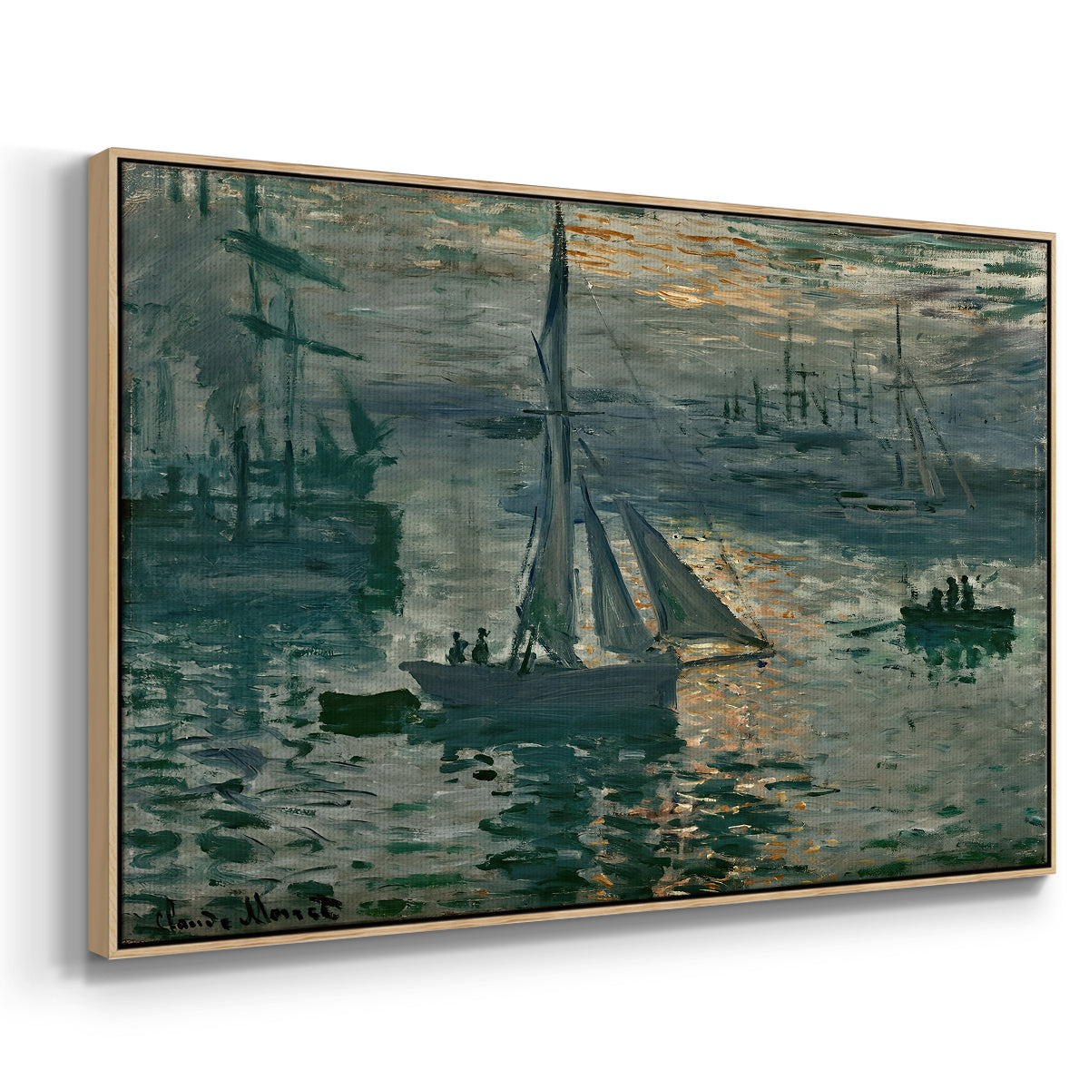 Angled view of Sunrise (Marine), 1873 by Claude Monet in a natural wood floater framed canvas.